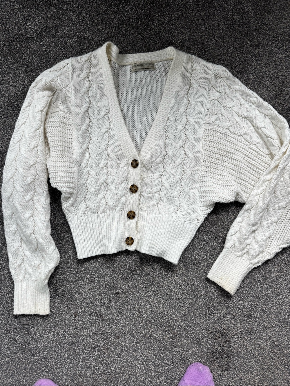 BDG Cropped Cable Knit Button-Front Sweater - Cream